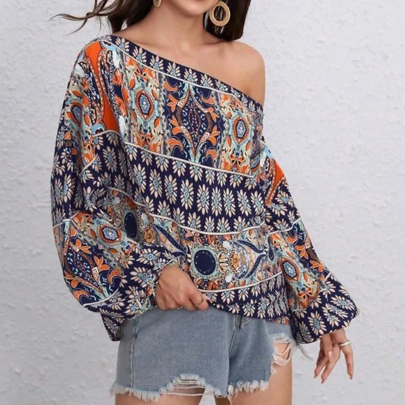 Boho floral print off shoulder lantern sleeve blouse - Picture 15 of 16